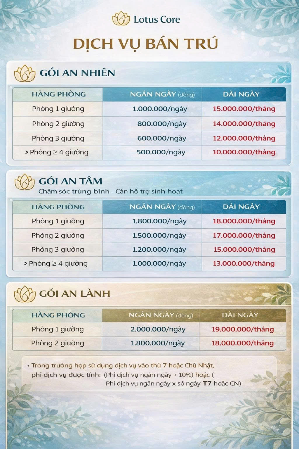 Bảng giá dịch vụ Bán trú (ban ngày)